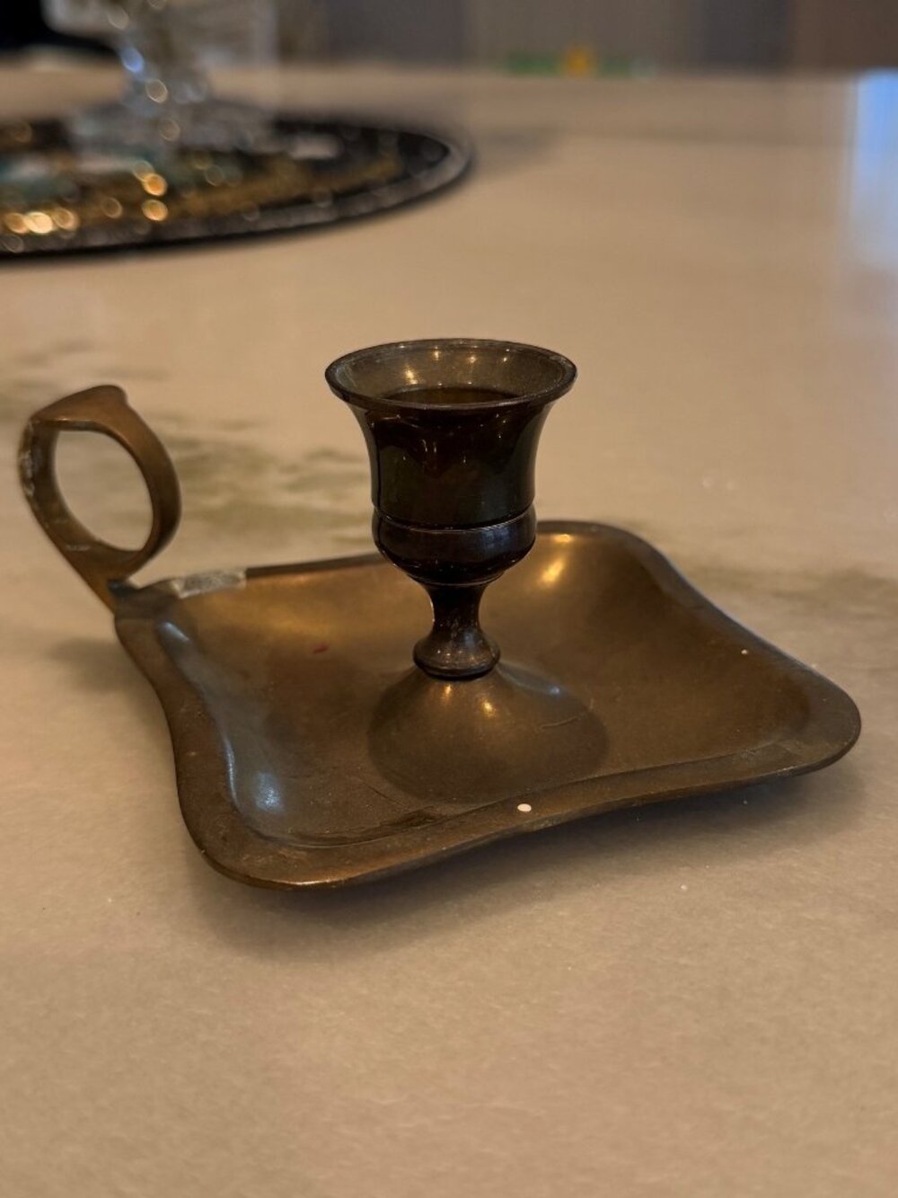 Vintage Brass Chamberstick Candle Holder Square Tray Finger Loop Handle